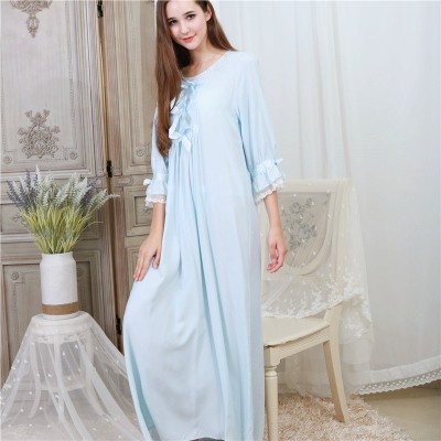 Green Cotton Bowknot Lace Night Dress Autumn Sleepwear Women Nightgown Long Nightdress Plus Size Nightwear Ladies Homewear