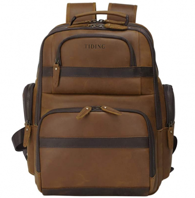 Original Brand Mens Leather Backpack Vintage 15.6 Inch Laptop Bag Large Capacity Business Travel Hiking Shoulder Daypacks with USB Charging Port & YKK Zipper