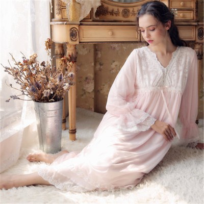 European Palace Style Vintage Night Dress Plus Size Lace Sleepwear New Spring Long Pink Cotton Nightgowns Elegant Home Dress