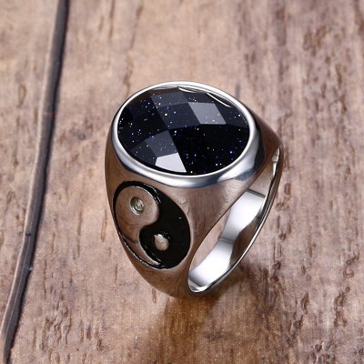 Mens Rings Vintage Stainless Steel Oval Multi Faceted Blueish Galaxy Stone Cocktail Band Ring Men Fashion Jewelry Accessories