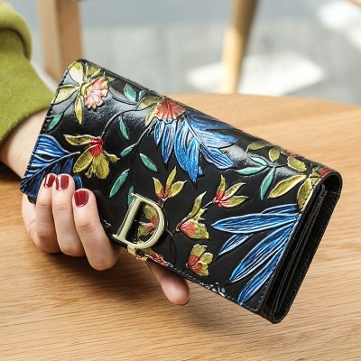 Ladies Genuine Leather Wallet Women Fashion Rose Flower Wallets Luxury Brand Coin Purse Female Clutch 3 Fold Cowhide Long Wallet