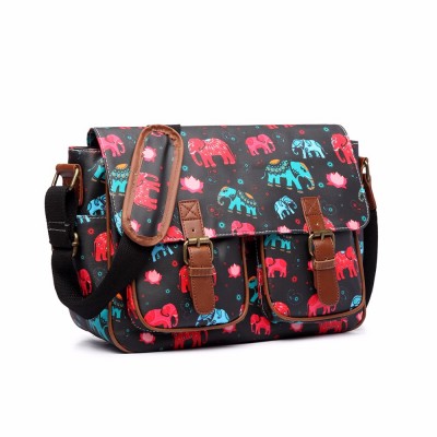 Miss Lulu Women Men Elephant  Matte Oilcloth Waterproof Large A4 Book School College Cross Body Black Satchel Messenger Bag 