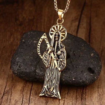 Mens Necklaces Vintage Punk Skull Death Grim Reaper Skull Scythe Pendant Necklace Halloween Jewelry Gift Gold-color Jewelry 24