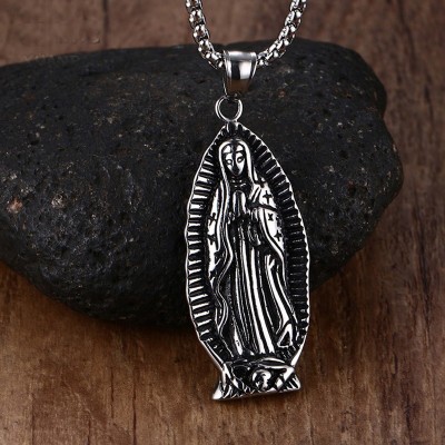 Mens Vintage Virgin Mary Figure Pendant Silver-color Black Stainless Steel Jesus Pieces Christian Chain Necklaces Biker jewelry