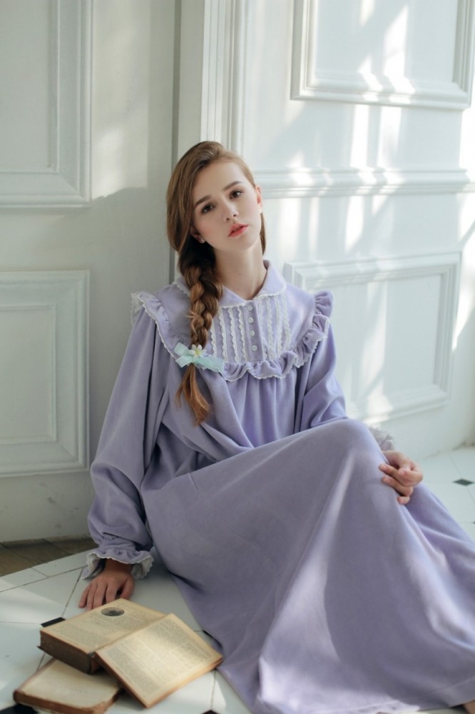 Women Sleepwear Winter Warm Gown Royal Princess Dress