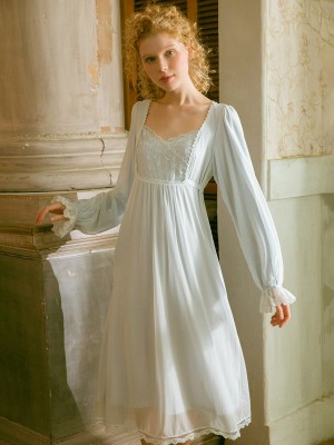 2019 New Woman Pajamas Ice Long Sleeve Nighty Sleepwear Vintage Lace Nightgown Women Nightwear light blue pink