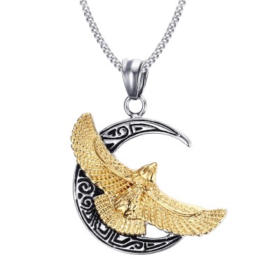 Mprainbow Mens Necklaces Stainless Steel Vintage Military Gold Flying Eagle Wing Moon Pendant Choker Punk Bike Jewelry