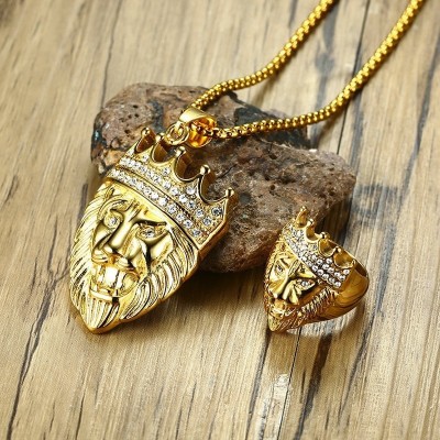 Mens Hip Hop Jewelry Set Gold Tone Roaring King Lion and Crown CZ Ring Pendant Necklace in Stainless Steel Male Jewels