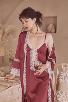 Red palace pajamas female spring and autumn ice silk robe nightdress two-piece princess sexy wedding suit