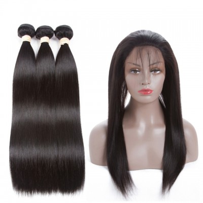 Brazilian Virgin Hair Bundles Straight Hair 360 Lace Frontal with 3 Bundles 100% Unprocessed Virgin Human Hair Extensions