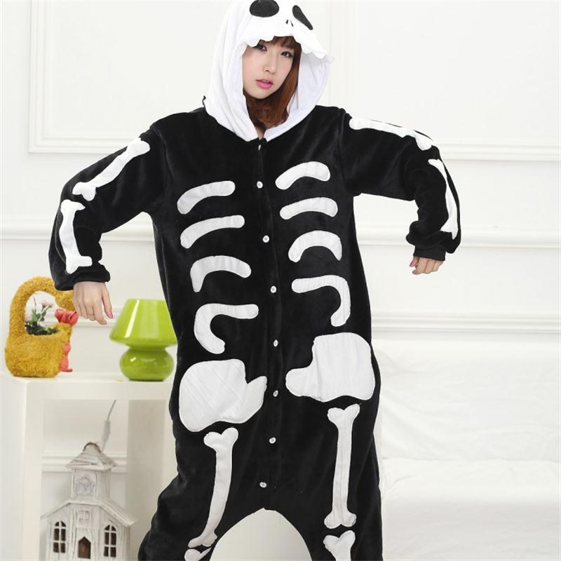 Skull Kigurumi Onesie Adult Women Scary Skeleton Pajamas Flannel Warm ...