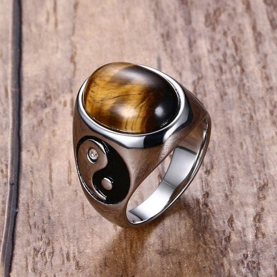 Vintage Men Boy Oval Tiger Eye Brown Stones with Yin Yang Symbol Ring in Stainless Steel Jewelry Mens Accessories Anel Aneis