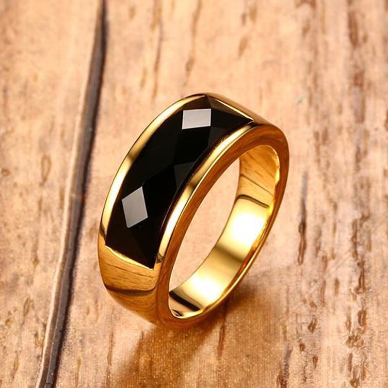 Mens Black Carnelian Stone Rings Gold Tone Stainless Steel Wedding ...