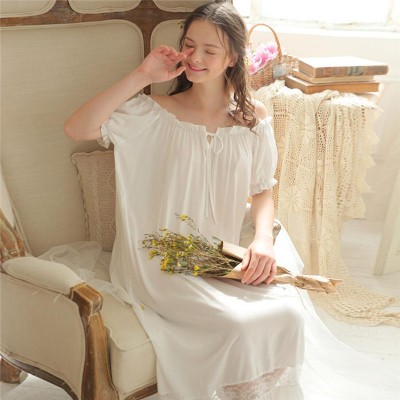 Women Lingerie Sexy Off Shoulder Sleepwear Plus Size White Cotton Short Sleeve Loose Long Home Dress Vintage Nightgown