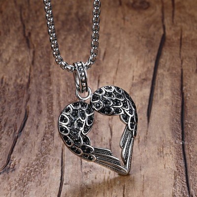 Vintage Punk Mens Necklaces Pendant Stainless Steel Black Tone Crystal Guardian Angel Heart Wings/Wing Necklace Gift for Women