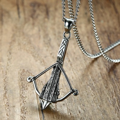 Katnis Crossbow Bow and Arrow Silver Tone Pendant Necklace for Men Jewelry Stainless Steel Vintage Jewellery Gift for Hunter 24