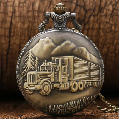 Vintage Bronze Retro Big Truck Forest Tree Pocket Watch with Chain for Car Truck Driver Pocket Watches