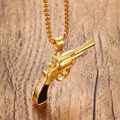 Mens Gun Pistol Necklaces Stainless Steel Hip Hop Style Revolver Pendant Necklace in Gold-color Men Fashion Jewelry colar