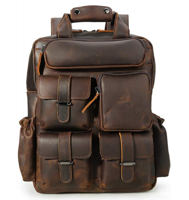 Original Brand Dark Brown Vintage Men's Genuine Crazy Horse Leather 14 Inch Multi Pockets Laptop Backpack Shoulder Bag Travel Bag