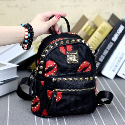 Gothic Backpacks Women Gothic Black and Red Sexy Lip Rivet Punk Rock Leather Backpack Fashion School Girl Backpack