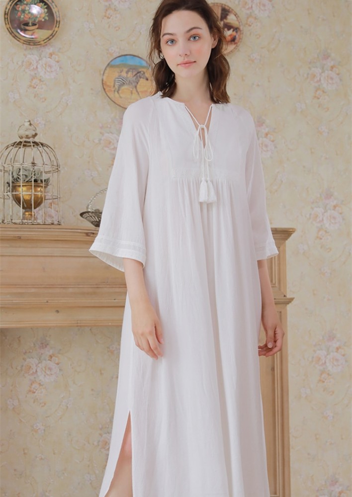 Women Night Dress Gowns Embroidery White Nightgown Autumn Sleepwear ...