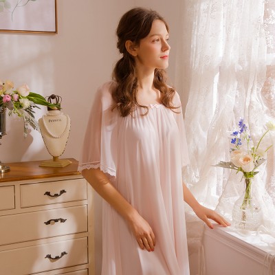 Ladies Nightgown Dress Summer Women Nightwear Vintage Elegant Sleepwear Pink Lace Lace Comfortable and soft fabric