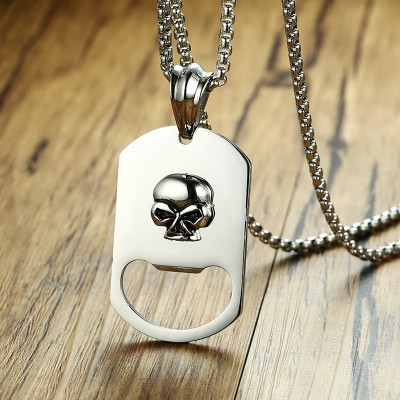 Mens 3D Skull Dog Tag Bottle Opener Pendant Necklace for Men Stainless Steel Gift for Dad Beer Male Jewelry Silver Tone 24 inch