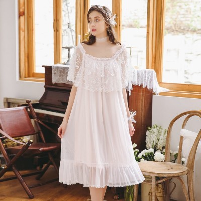 Nightgown Sexy Sleepwear Woman Short sleeve Lace Princess Lace Flower Dress Princess Lady nightdress 2019 New Arrival