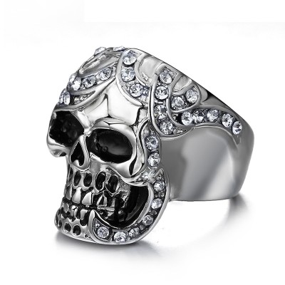 Mens Punk Ring Stainless Steel Cubic Zirconia Inlay Skull Head Gothic Biker Jewellery Male Hiphop Vintage Jewelry anel masculino