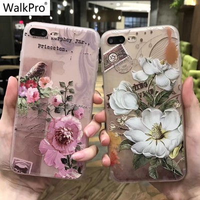 Phone Cases For Iphone 7 6 6s Plus case cover Silicone Soft TPU Flower 3D Relief painting For iPhone 8 flower capa WalkPro