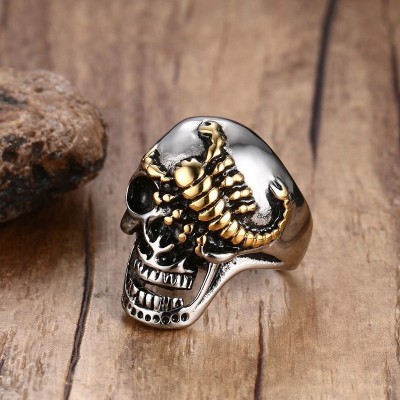 Mens Punk Skull Gold Scorpions Gothic Rings for Male Stainless Steel Vintage Biker Men Jewelry Halloween Day Jewelry