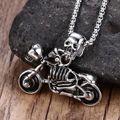 Mens Jewelry Vintage Punk Skeleton Necklace Gothic Biker Skull Motorcycle Stainless Steel Pendant Necklace Halloween Gift