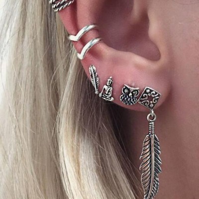 Vintage Earrings Set Punk Style Feather Owl Moon Sun Earrings For Women Fashion Jewelry
