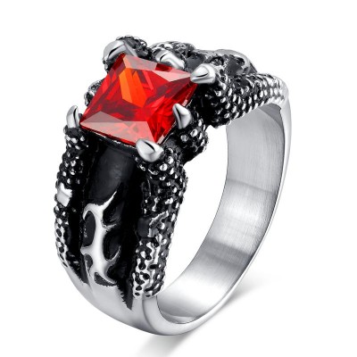 Mprainbow Mens Stainless Steel Vintage Gorgeous Red CZ with Punk Hiphop Style Gothic Dragon Claw Ring for Male Boys Jewelry