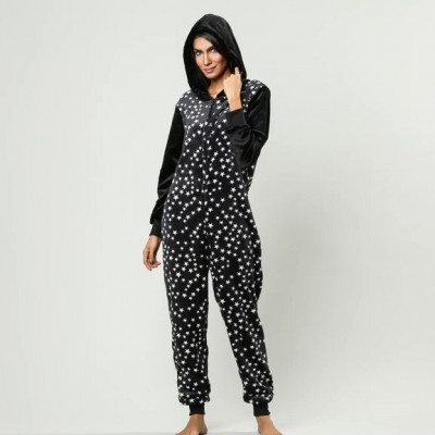 Black Women Winter Onesie Flannel Heart-shaped Printed Pajama Stars Hooded Jumpsuit Casual Polka Dot Outfit