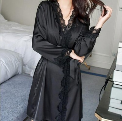 1620 Womens Satin Silk Woman Lace Robe Female Lace Bathrobe Womens Robes Sleepwear Ladies Sexy Robe For Women Drop Shipping