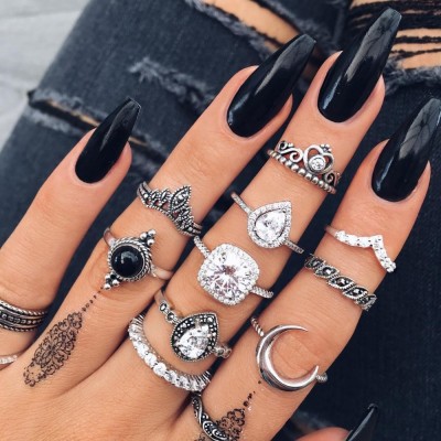 10 Pcs/set Bohemian Retro Women Party Jewelry Gem Crown Crystal Moon Heart Waves Geometric Silver Ring Set