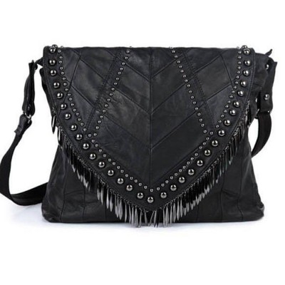 Luxury Women Punk Crossbody Bags Made Of Genuine Leather Sheepskin Fashion Punk Style Tassel Rivet Shoulder Crossbody Bags