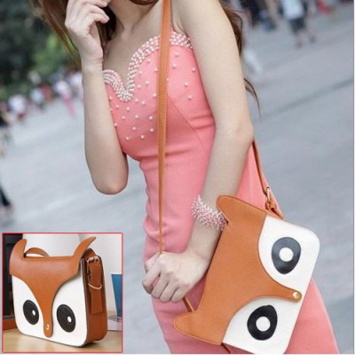 5pcs( ASDS Girls Brown Fashion Pu Leather Retro Owl Fox Bag Messenger Crossbody Handbag 