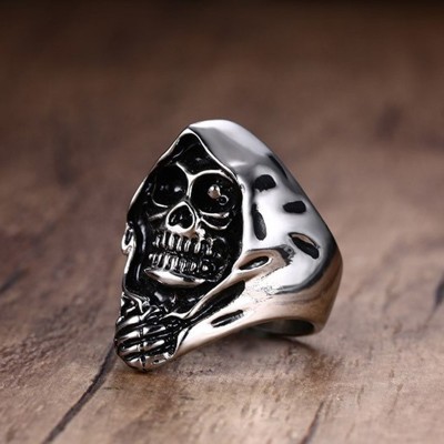 Punk Grim Rebels Reaper Death Hooded Skull Ring for Men Stainless Steel Motorcycle Biker Bike Male Jewelry Halloween Jewellery