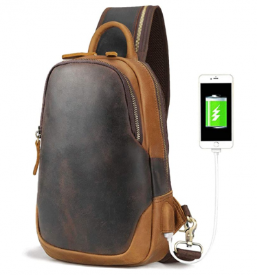 Hot Sale Brand Mens Leather Sling Bag Vintage Chest Shoulder Bags Casual Crossbody Backpack with USB Charging Port