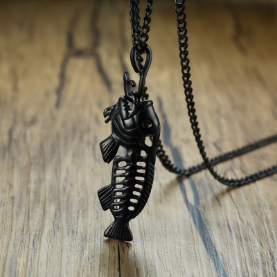 Mens Exaggerated Fish Bone Pendant Necklace With Fishing Hook Stainless Steel Punk Male Jewelry in Gold Black Silver 24 Chain