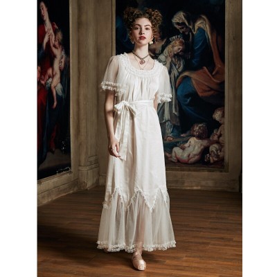 Luxury Sleepwear Nightgown Women Summer  Lace Cotton nightdress Elegant Lady Long Dress  Bride Nightgown European medieval style