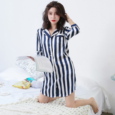 Spring Summer Womens Stripes Print Nightshirt Satin Sleepwear Female V-neck Silk Thin Nightgowns Casual Brief Nightdress