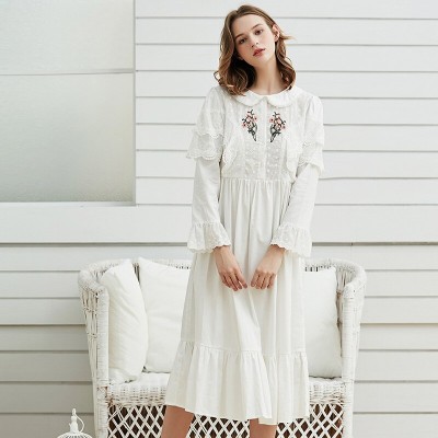 Gentlewoman Nightown Cotton Embroidery Nightgowns Woman  Elegant White Sleepwear Spring Nightdress Ladies