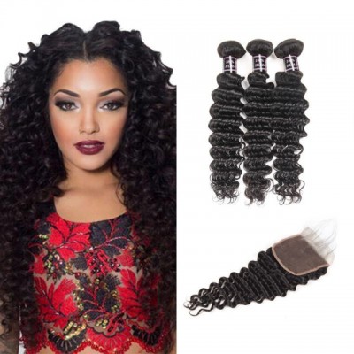 Ishow Best Selling Malaysian Deep Wave With Closure 3 Bundles Malaysian Virgin Hair With Closure 7A Malaysian Deep Curly Hair
