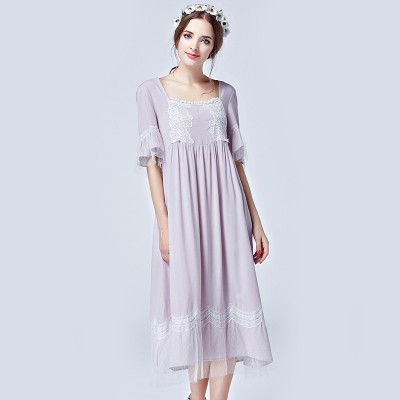 Summer Long Sleepwear Women Half Sleeve Square Collar Nightgowns 2016New Vintage Home Dress For Lady Plus Size Night Gown Female