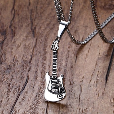 Mens Necklace Metal Stainless Steel Electric Acoustic Guitar Pendant Necklace Rock Roll Hiphop Style Fashion Jewelry