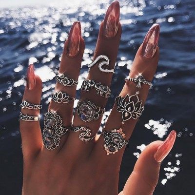 11 Pcs/set Bohemian Beach Retro Elephant Hollow Lotus Wave Gems Geometry Crystal Ring Set