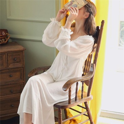 Long White Cotton Sexy V Neck Sleep Wear Night Shirt Home Dress Vintage Nightgown Princess Sleepwear 2019 Ladies Nightdress T350
